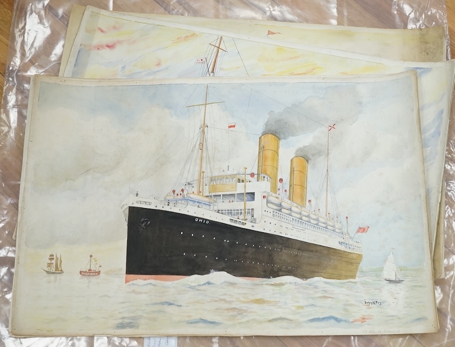 John Harold Fry (British, 1881-1941), set of eight original watercolours for postcard designs, ocean liners to include SS Resolute Hamburg American Line, SS Bremen Norddeutscher Lloyd Line and SS Atlantis Royal Mail Line